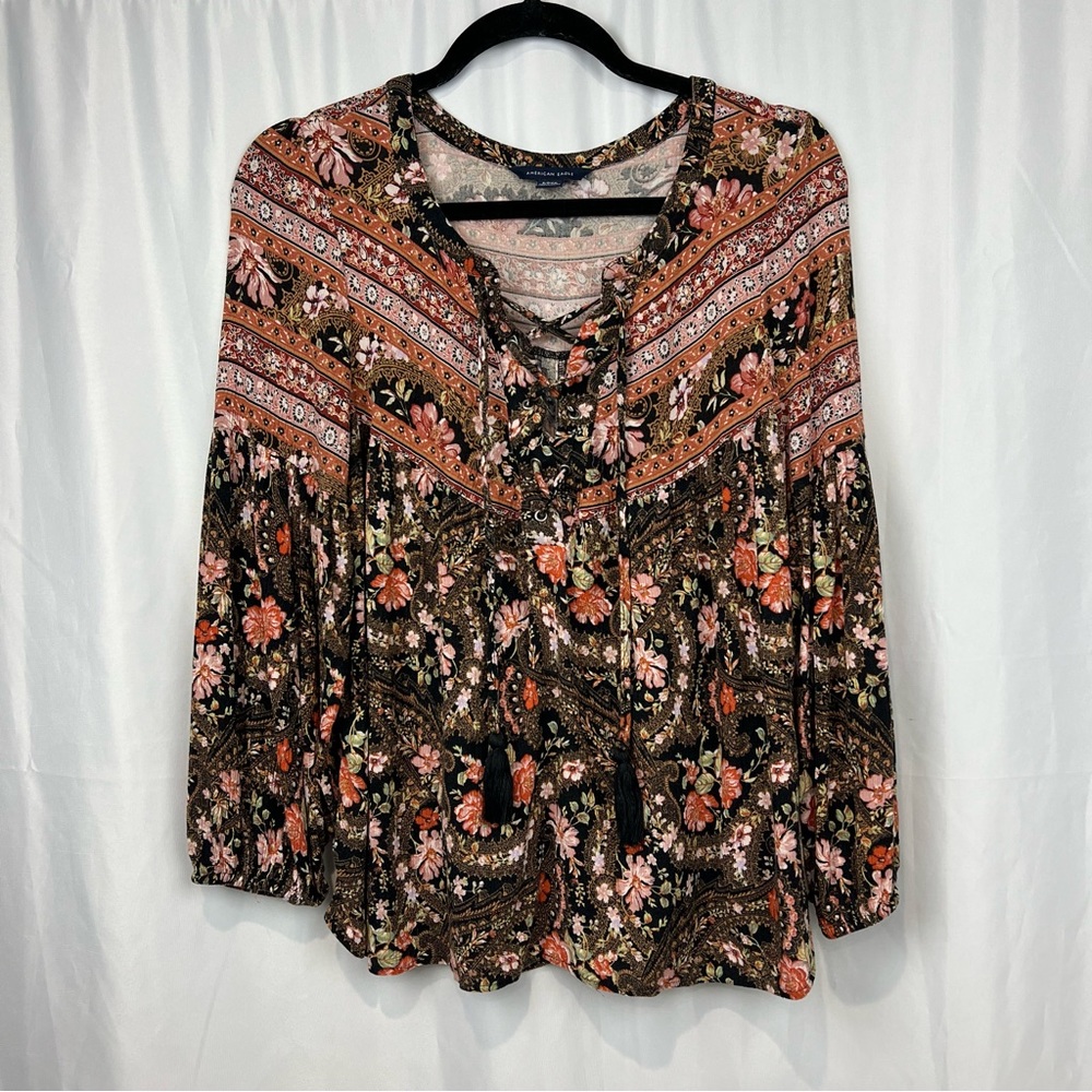 American Eagle Fall Peasant Top Boho Floral Long Blouson Sleeves Lace-Up Front S